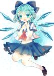  1girl black_footwear black_skirt blue_eyes blue_hair bow bowtie cirno detached_wings fairy fairy_wings hair_bow highres hiyuu_(hiyualice) ice ice_wings jumping open_mouth red_bow shirt short_hair skirt solo thighhighs touhou white_shirt white_thighhighs wings 