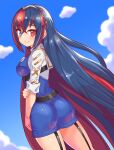  1girl alear_(female)_(fire_emblem) alear_(fire_emblem) ass blue_eyes blue_hair blue_sky breasts cougar_(cougar1404) fire_emblem fire_emblem_engage from_behind looking_at_viewer medium_breasts red_eyes red_hair sky 