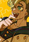  1boy blue_eyes facial_mark fangs green_hair hair_ornament hairpin hand_on_own_chin higashikata_jobin highres hood hoodie jojo_no_kimyou_na_bouken jojolion male_focus open_mouth puzzle_piece smile solo swampland yellow_background 