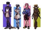  2boys 2girls absurdres black_hair bomber_hat braid crossdressing dixie_cup_hat floral_print genderswap genderswap_(ftm) genderswap_(mtf) hat heterochromia higashikata_josuke_(jojolion) highres hirose_yasuho jojo_no_kimyou_na_bouken jojolion maid male_maid mamezuku_rai military_hat multiple_boys multiple_girls nijimura_kei pink_hair ponytail rose_print sailor_collar simple_background star_(symbol) swampland 