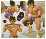  1boy abs artist_name ass bara barbell black_gloves closed_mouth dragon_ball dragon_ball_z dumbbell english_text exercising fingerless_gloves gloves highres holding holding_dumbbell jezz_mons_art large_pectorals male_focus multiple_views muscular muscular_male navel nipples pectorals purple_shorts short_hair shorts spiked_hair squatting twitter_username vegeta weightlifting 
