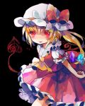  1girl ascot bat_wings blonde_hair crystal flandre_scarlet hat hat_ribbon hiyuu_(hiyualice) laevatein_(touhou) mob_cap multicolored_wings one_side_up puffy_short_sleeves puffy_sleeves red_eyes red_skirt red_vest ribbon short_sleeves side_ponytail skirt skirt_set solo star_(symbol) tongue tongue_out touhou vest white_hat wings yellow_ascot 