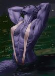  1girl abs absurdres alien armpits arms_behind_head asari_(mass_effect) breasts closed_eyes colored_skin g-string higalack highres in_water looking_up mass_effect_(series) medium_breasts muscular muscular_female purple_skin thong water wet 