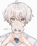  1boy ahoge character_doll covering_own_mouth ensemble_stars! glasses green_eyes green_undershirt grey_background highres looking_at_viewer male_focus natsu_kanna round_eyewear shirt short_hair short_sleeves solo sp47st stuffed_toy white_hair white_shirt 