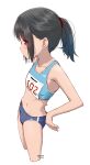  1girl black_hair blue_buruma blue_sports_bra brown_eyes buruma commentary_request cropped_legs hands_on_own_hips highres medium_hair midriff navel original ponytail race_bib retsumaru simple_background solo sports_bikini sports_bra white_background 