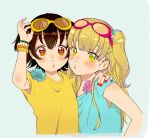  +_+ 2girls akagi_miria blonde_hair blush bracelet brown_eyes brown_hair eyewear_on_head green_eyes heart heart-shaped_pupils highres idolmaster idolmaster_cinderella_girls jewelry jougasaki_rika long_hair looking_at_viewer multiple_girls puckered_lips shirt short_hair sunglasses symbol-shaped_pupils t-shirt toka_999 two_side_up 