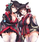  :d animal_ears azur_lane black_hair blue_eyes breasts butterfly_hair_ornament cat_ears cleavage closed_mouth commentary_request covered_nipples cowboy_shot eyebrows_visible_through_hair fang finger_to_mouth floral_print fusou_(azur_lane) hair_ornament hair_over_shoulder hair_ribbon japanese_clothes kure_masahiro large_breasts long_hair low-tied_long_hair mask mask_on_head multiple_girls open_mouth panties pantyshot pantyshot_(standing) paw_pose pleated_skirt purple_eyes ribbon short_hair sideboob simple_background skirt smile standing thigh_gap thighhighs thighs underwear white_background white_legwear white_panties wide_sleeves yamashiro_(azur_lane) 