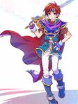  armor artist_request blue_armor blue_eyes boots breastplate cape fingerless_gloves fire_emblem fire_emblem:_fuuin_no_tsurugi gloves headband holding holding_sword holding_weapon looking_at_viewer male_focus pauldrons red_hair roy_(fire_emblem) solo spiked_hair sword weapon 