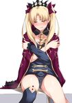  1girl blonde_hair blue_legwear blush bow breasts cape collarbone crossed_arms earrings embarrassed ereshkigal_(fate/grand_order) fate/grand_order fate_(series) female hair_bow hair_ornament half-closed_eyes hands_up highres maanii medium_breasts peeing peeing_self purple_bow purple_cape red_eyes shiny_skin simple_background single_thighhigh sitting skull solo spine steam sweat tears teeth thighhighs tiara tied_hair tohsaka_rin twintails wet_clothes white_background 
