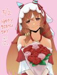  1girl animal_ears breasts brown_eyes brown_hair character_name closed_mouth collarbone detached_sleeves flower hair_between_eyes hair_ornament happy_birthday highres holding holding_flower horse_ears long_hair looking_at_viewer pink_background simple_background small_breasts smile solo still_in_love_(umamusume) umamusume veil wakita_otk 