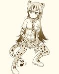  animal_ears ankle_boots boots breast_pocket cheetah_(kemono_friends) cheetah_ears cheetah_tail closed_mouth collared_shirt commentary_request elbow_gloves eyebrows_visible_through_hair full_body gloves gradient_hair greyscale kemono_friends long_hair looking_to_the_side monochrome multicolored_hair necktie pink_background pleated_skirt pocket shirt short_sleeves simple_background skirt solo squatting tail thighhighs totokichi very_long_hair wing_collar 