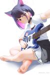  1girl absurdres animal_ears barefoot blue_archive cat_ears crossed_legs electric_guitar feet guitar halo highres instrument kazusa_(band)_(blue_archive) kazusa_(blue_archive) looking_at_viewer maozi_dan medium_hair multicolored_hair red_eyes simple_background soles solo toenails toes two-tone_hair white_background 