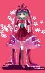  1girl arm_ribbon bow brown_footwear dress flower frilled_bow frilled_ribbon frills front_ponytail full_body green_eyes green_hair hair_bow hair_ribbon hiyuu_(hiyualice) kagiyama_hina red_dress red_ribbon ribbon solo touhou wrist_ribbon 