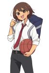  1boy alternate_costume bag ball basketball_(object) belt black_belt black_pants blush brown_eyes brown_hair collared_shirt dark-skinned_male dark_skin doroidsan duffel_bag highres holding holding_ball kel_(faraway)_(omori) kel_(omori) long_sleeves looking_at_viewer necktie omori open_mouth pants red_necktie shirt short_hair simple_background smile solo teeth upper_teeth_only white_background white_shirt 