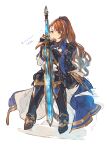  1girl absurdres armor beatrix_(granblue_fantasy) blue_armor brown_hair gauntlets granblue_fantasy green_eyes highres long_hair multicolored_armor ponytail shimatani_azu sitting solo sword weapon 