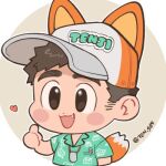  1boy animal_ears baseball_cap black_hair chibi fang fang_out fox_boy fox_ears fox_tail hat heart leaf_print lowres male_focus original short_hair sideburns simple_background smile solo tail tenji_(tenji_89) thick_eyebrows thumbs_up upper_body 