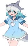  010mzam 1girl blowhole blue_dress blue_eyes blue_hair blue_trim blush cetacean_tail choker common_bottlenose_dolphin_(kemono_friends) cowboy_shot dolphin_girl dorsal_fin dress fins fish_tail frilled_dress frills grey_hair hair_between_eyes head_fins highres kemono_friends looking_at_viewer multicolored_hair neckerchief sailor_collar sailor_dress short_hair short_sleeves sidelocks smile solo tail white_choker white_hair white_neckerchief 