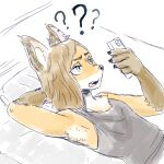 1:1 anthro bed canid canine electronics female fox furniture kemuri57 mammal phone question_mark solo