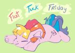 2024 :3 cutepencilcase cutie_mark english_text equid equine eyes_closed female feral flat_colors flat_fuck_friday fur glistening glistening_hair green_background hair hasbro hi_res hooves horse lying mammal meme multicolored_hair my_little_pony my_little_pony_(2003) pink_body pink_fur pony quadruped simple_background sketch solo text toola_roola_(pre_g4)