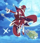  armpits bell breasts broom broom_riding cape christmas full_body fur_trim hat highres jingle_bell little_witch_academia looking_at_viewer moon night open_mouth red_eyes red_hair shiny_chariot showers-u sidesaddle sky small_breasts solo witch_hat 