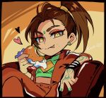  1girl apex_legends arm_tattoo artist_name burger earrings eating eyebrow_cut eyeshadow facial_mark food forehead_mark green_nails green_shirt hair_behind_ear heart highres holding holding_food jacket jewelry kiraki makeup orange_background orange_eyes orange_jacket orange_pants pants ponytail rampart_(apex_legends) red_eyeshadow shirt sitting solo star_(symbol) tattoo v v-shaped_eyebrows wristband 