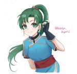  1girl blue_dress dress durandal_(fire_emblem) earrings fingerless_gloves fire_emblem fire_emblem:_the_blazing_blade gloves green_eyes green_hair high_ponytail jewelry kotoriya_kuguri long_hair lyn_(fire_emblem) pelvic_curtain rope_belt side_slit 