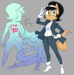  2024 4_fingers accessory anthro arm_support arms_bent big_breasts big_eyes big_iris biped black_hair black_nose blue_bottomwear blue_clothing blue_eyebrows blue_jacket blue_pants blue_topwear blush blush_lines boots bottomwear breasts clothed clothed_anthro clothed_female clothing colored_sketch curved_eyebrows curvy_figure dark_bottomwear dark_clothing dark_hair dark_jacket dark_nose dark_pants dark_topwear dated dbaru digital_drawing_(artwork) digital_media_(artwork) domestic_cat extended_arm eyebrow_through_hair eyebrows eyelashes felid feline felis female fighting_pose fingers footwear front_view full-length_portrait fully_clothed fully_clothed_anthro fully_clothed_female fur gesture glistening glistening_eyes gloves green_eyes grey_background gun hair hair_accessory hairband hand_gesture handwear head_turned heart_symbol hi_res high_heeled_boots high_heels holding_gun holding_object holding_ranged_weapon holding_weapon humanoid_hands iris jacket japanese_text kitty_katswell light_body light_boots light_clothing light_ears light_footwear light_fur light_gloves light_handwear light_high_heels light_sweater light_tail light_topwear looking_aside looking_at_viewer mammal medium_hair monotone_background monotone_body monotone_fur monotone_tail mouth_closed multiple_poses nickelodeon open_clothing open_jacket open_topwear pants portrait pose prick_ears pupils ranged_weapon rear_view red_text silencer simple_background sketch smile smiling_at_viewer smirk snout solo standing straight_legs sweater t.u.f.f._puppy tail tan_body tan_ears tan_fur tan_tail text thin_eyebrows topwear translucent translucent_hair turtleneck weapon white_boots white_clothing white_footwear white_gloves white_hairband white_handwear white_heart white_high_heels white_sweater white_topwear wide_stance 