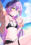  1girl absurdres beach bikini black_choker blush breasts choker colored_inner_hair ear_piercing green_eyes hair_between_eyes hair_ornament highres hololive long_hair looking_at_viewer multicolored_hair outdoors piercing pink_hair purple_hair solo streaked_hair swimsuit tachibana_shiro tokoyami_towa virtual_youtuber 