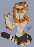  abs anthro areola bottomwear breasts clothed clothing digital_media_(artwork) dreamworks felid female fur hi_res htzx kung_fu_panda mammal master_tigress nipples orange_body pantherine shorts simple_background solo stripes tiger topless topless_anthro topless_female 