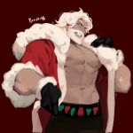  1boy arm_hair bag bara beard black_gloves black_pants blue_eyes chest_hair christmas coat eggnog_cookie facial_hair full_beard gloves highres holding holding_bag mature_male pants red_coat rondor santa_costume smile topless_male white_hair 