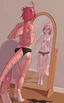  2017 anthro bare_back barefoot blue_nipples bra breasts clothed clothing digital_media_(artwork) female fin fish ldr marine mirror nipples pink_skin shark solo standing topless underwear 