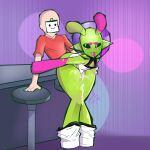  1:1 alien alien_humanoid ambiguous_gender antennae_(anatomy) armor bent_over black_sclera blush blush_lines bodily_fluids clothing cum duo genital_fluids genitals green_body headgear helmet hi_res human humanoid humanoid_pointy_ears legwear male mammal penis phrenpai pink_body pupils purple_background red_clothing red_topwear roswell_grey sex simple_background sitting slit_pupils smile sploot_(unknownspy) tan_body tan_skin thick_thighs thigh_highs thigh_sex tongue tongue_out topwear white_clothing white_eyes white_legwear white_thigh_highs wide_hips 