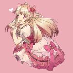  1girl artist_request blonde_hair chaos_marie_(grimms_notes) dress frills gradient_hair grimms_notes hair_ribbon heart heart-shaped_pupils highres jewelry long_hair multicolored_hair open_mouth pendant pink_background pink_eyes puffy_short_sleeves puffy_sleeves ribbon short_sleeves simple_background smile symbol-shaped_pupils upper_body 