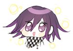  1boy bangs buttons checkered_scarf danganronpa matching_hair/eyes new_danganronpa_v3 open_mouth ouma_kokichi purple_eyes purple_hair scarf shirt side_bangs simple_background solo white_background white_shirt 