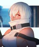  1girl bare_shoulders belt breasts dark-skinned_female dark_skin dress hair_between_eyes highres koyorin large_breasts looking_at_viewer nier_(series) noelle_(nier) red_eyes short_hair sideboob solo upper_body white_hair 