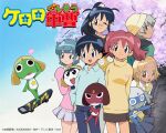  4girls 6+boys angol_mois belt black_eyes black_hair blonde_hair blue_eyes cardigan cherry_blossoms copyright_name dororo_(keroro_gunsou) dress frog giroro glasses grey_hair hat hinata_aki hinata_fuyuki hinata_natsumi hood hoodie houjou_mutsumi keroro keroro_gunsou kururu_(keroro_gunsou) looking_at_viewer mask multiple_boys multiple_girls nishizawa_momoka official_art official_wallpaper pants red_hair shirt short_hair skirt star_(symbol) sweater tamama twintails 