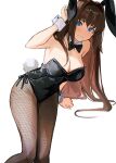  1girl @_@ absurdres animal_ears aozaki_aoko black_leotard black_pantyhose blue_eyes blush bow bowtie breasts brown_hair covered_navel detached_collar fake_animal_ears fake_tail fate/grand_order fate_(series) fishnet_pantyhose fishnets hair_intakes highleg highleg_leotard highres large_breasts leotard long_hair looking_at_viewer mahou_tsukai_no_yoru open_mouth pantyhose playboy_bunny rabbit_ears rabbit_tail side-tie_leotard simple_background solo strapless strapless_leotard tail traditional_bowtie white_background wrist_cuffs yotsutsu428 