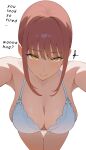  1girl bare_shoulders bra braid breasts chainsaw_man cleavage closed_mouth english_text highres large_breasts leaning_forward looking_at_viewer makima_(chainsaw_man) pov raian_(adji213) red_hair ringed_eyes smile solo underwear white_background 