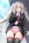  1girl black_jacket black_skirt black_thighhighs blazer blue_eyes clothes_lift collared_shirt fate/grand_order fate_(series) finger_to_mouth grey_hair highres hoshino_reiji jacket lifted_by_self long_hair long_sleeves looking_at_viewer marie_antoinette_(fate) miniskirt navel necktie panties pink_panties pleated_skirt red_necktie school_uniform shirt skirt skirt_lift smile solo standing thighhighs twintails underwear very_long_hair white_shirt 