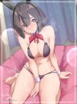  animal_ears armpit_crease bare_shoulders barefoot between_legs black_hair blush bra breasts cleavage collarbone colored_inner_hair detached_collar fake_animal_ears hair_between_eyes hand_between_legs heavy_breathing honkai:_star_rail honkai_(series) lingerie looking_at_viewer medium_breasts medium_hair multicolored_hair navel ozzyart_0221 panties pink_nails playboy_bunny rabbit_ears red_eyes signature sitting sweat thighs twitter_username underwear wariza wavy_mouth wrist_cuffs xueyi_(honkai:_star_rail) 