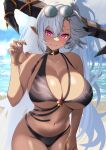  1girl beach bikini black_bikini black_horns breasts cleavage curled_horns dark-skinned_female dark_skin draph eyewear_on_head eyewear_on_headwear fediel_(summer)_(granblue_fantasy) granblue_fantasy highres hilda_sakura horns long_hair midriff navel purple_nails round_eyewear solo sunglasses swimsuit white_hair 