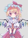 1girl ascot bat_wings blonde_hair crystal flandre_scarlet hat hat_ribbon hiyuu_(hiyualice) mob_cap multicolored_wings one_side_up puffy_short_sleeves puffy_sleeves red_eyes red_vest ribbon short_sleeves side_ponytail skirt skirt_set solo star_(symbol) touhou vest white_hat wings yellow_ascot 