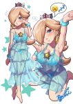  1girl aqua_dress aqua_eyes arm_up artist_logo artist_name blonde_hair blue_bra blue_panties bra breasts brooch collarbone commentary crown dress earrings emoji full_body hair_over_one_eye highres jewelry large_breasts long_hair looking_at_viewer mario_(series) mini_crown navel panties rosalina see-through see-through_dress simple_background speech_bubble spoken_emoji spoken_expression star_(symbol) star_brooch star_earrings symbol-only_commentary tears toggy_keiichi underwear waking_up white_background zzz 