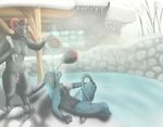  2017 ammy_rootpaws animal_genitalia animal_penis anthro balls bath bathhouse blue_penis canine cat day demon detailed_background digital_media_(artwork) duo erection feline fur hair hellhound horn japanese male male/male mammal nude outside penis sauna sky smile snow spa standing steam tree water winter 