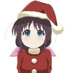  blue_eyes bow brown_hair christmas eyebrows_visible_through_hair hair_bow hat highres honda_tamaki looking_at_viewer santa_costume santa_hat showers-u smile stella_no_mahou transparent_background upper_body 