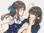  2girls alternate_height belt black_hair blue_bow blue_dress blue_eyes blue_shirt blush book bow braid breasts brown_belt brown_eyes brown_hair commentary_request covering_own_mouth dot_nose dress floral_print flying_sweatdrops frilled_sleeves frills hair_bow hanetsuka holding holding_book idolmaster idolmaster_cinderella_girls kabedon long_hair looking_at_another medium_breasts multiple_girls print_dress sagisawa_fumika shirt sidelocks tachibana_arisu upper_body white_background 