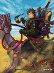  bag bird book boots brown_hair copyright_name day dinosaur_riding force_of_will gloves goggles goggles_on_head holding holding_pipe male_focus naginyan official_art pipe potion sand sky solo sword weapon 