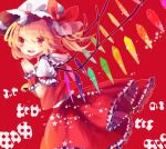  1girl ascot bat_wings blonde_hair crystal flandre_scarlet hat hat_ribbon hiyuu_(hiyualice) mob_cap multicolored_wings one_side_up open_mouth puffy_short_sleeves puffy_sleeves red_eyes red_vest ribbon short_sleeves side_ponytail skirt skirt_set solo star_(symbol) teeth touhou upper_teeth_only vest white_hat wings yellow_ascot 