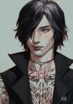  1boy absurdres black_hair closed_mouth devil_may_cry_(series) devil_may_cry_5 full-body_tattoo hair_over_one_eye highres koro_dou pale_skin simple_background solo tattoo v_(devil_may_cry) 