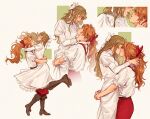  2girls blush bow brown_hair closed_eyes dress elise_liedl hair_bow highres kiss lebkuchen_(little_goody_two_shoes) lesly_oh little_goody_two_shoes long_hair multiple_girls orange_hair parted_lips ponytail red_bow smile suspenders white_bow white_dress yuri 